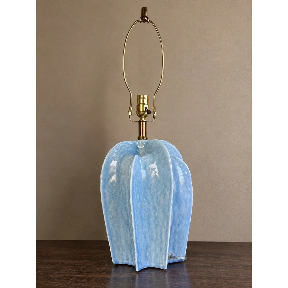 Large Sculptural Blue Pottery Table Lamp Fluted Statement Lighting 25